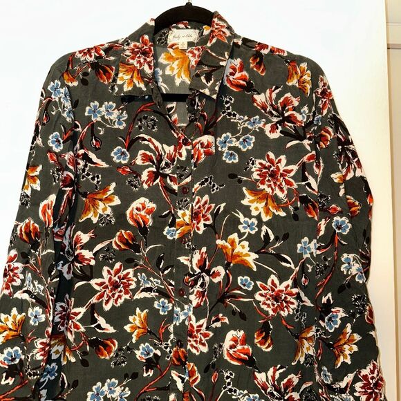 Bailey & Chloe Womens Medium Button Down Collared Blouse Dark Green Floral EUC - Picture 4 of 10